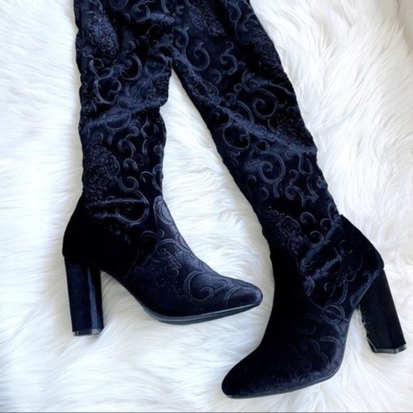 5.5/6/6.5/7 Black embroidered over the knee boots chunky block heel velvet - Picture 7 of 8